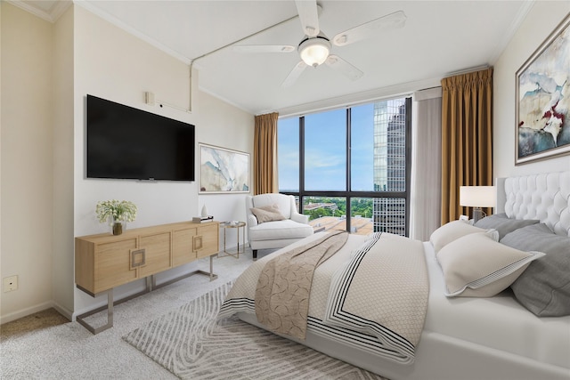 5001 Woodway Dr Unit 1701, Houston, TX 77056 - carpeted bedroom with crown molding, a wall of windows, and ceiling fan