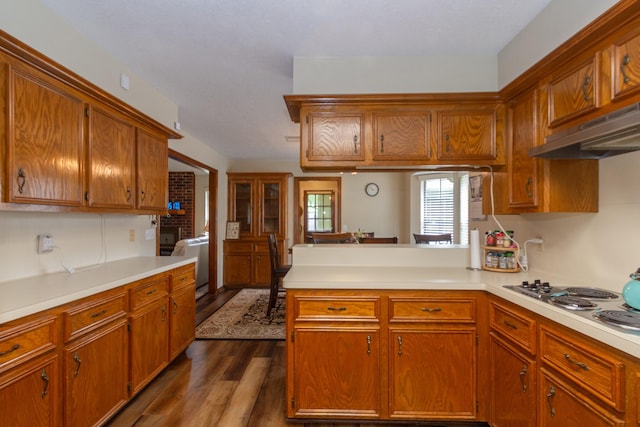 3701 Regency Dr, Deer Park, TX 77536 - kitchen featuring a peninsula, under cabinet range hood, light countertops, dark wood-style floors, and brown cabinets