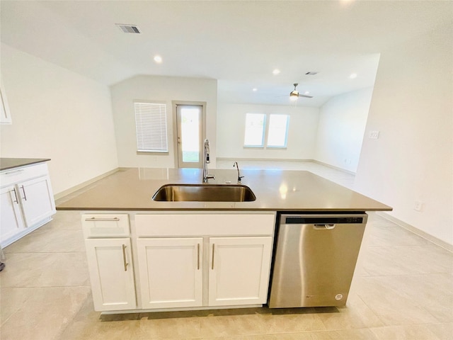 4107 Yosemite Valley Ct, Katy, TX 77494 - kitchen featuring dishwasher, a ceiling fan, white cabinets, light tile patterned floors, and recessed lighting