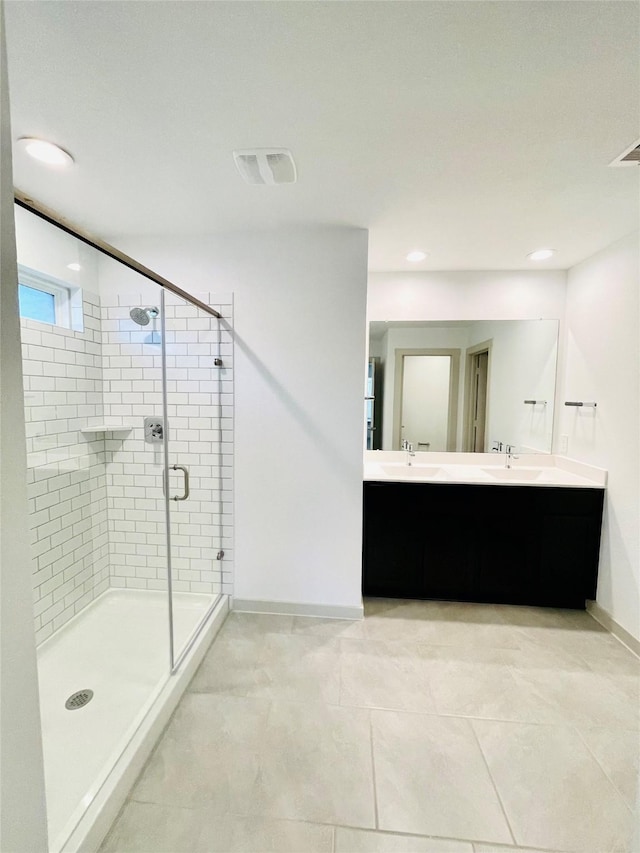 4107 Yosemite Valley Ct, Katy, TX 77494 - full bath with a shower stall, double vanity, tile patterned floors, and recessed lighting