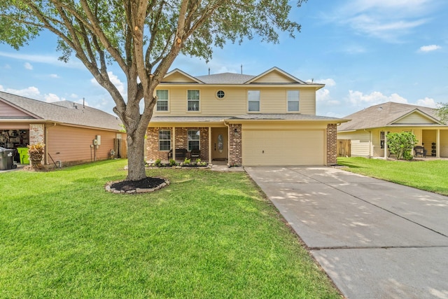 1022 Vera Cruz Dr, Rosenberg, TX 77471 - traditional-style house with brick siding, an attached garage, concrete driveway, and a front yard