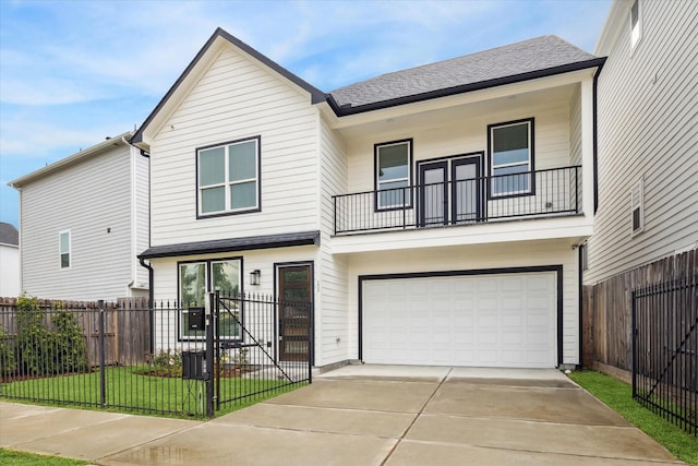 1825 Northwood Dr, Houston, TX 77009 - view of front of house featuring a balcony, an attached garage, driveway, and a shingled roof