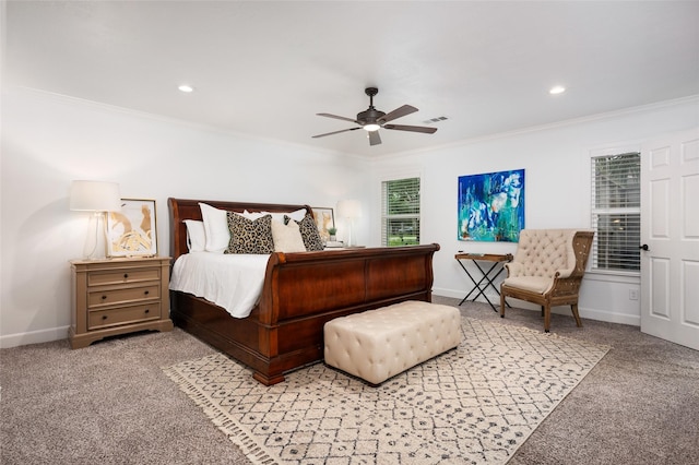 8932 Padfield St, Houston, TX 77055 - bedroom featuring light colored carpet, crown molding, recessed lighting, and ceiling fan