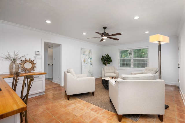 8932 Padfield St, Houston, TX 77055 - living room with a ceiling fan, recessed lighting, and crown molding