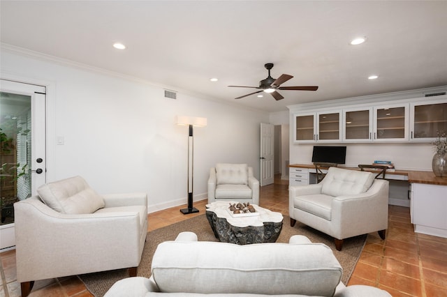 8932 Padfield St, Houston, TX 77055 - living room featuring built in desk, ornamental molding, recessed lighting, a ceiling fan, and light tile patterned floors