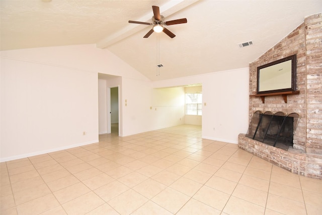 12006 Scottsdale Dr, Meadows Place, TX 77477 - unfurnished living room featuring a brick fireplace, a ceiling fan, light tile patterned floors, and a textured ceiling
