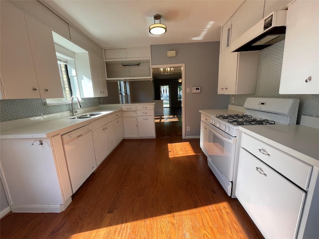 1805 Sul Ross St, Houston, TX 77098 - kitchen featuring white appliances, dark wood-style flooring, under cabinet range hood, light countertops, and white cabinetry