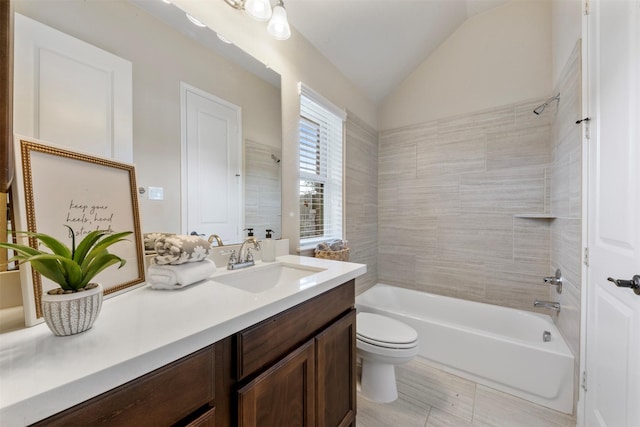 1504 Moreland Park Ct, Friendswood, TX 77546 - full bathroom with vanity, lofted ceiling, and bathtub / shower combination