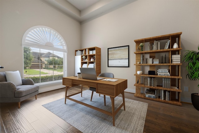 1504 Moreland Park Ct, Friendswood, TX 77546 - office featuring wood finished floors and a high ceiling