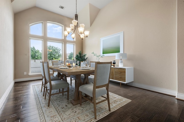1504 Moreland Park Ct, Friendswood, TX 77546 - dining area with a chandelier, vaulted ceiling, and dark wood finished floors