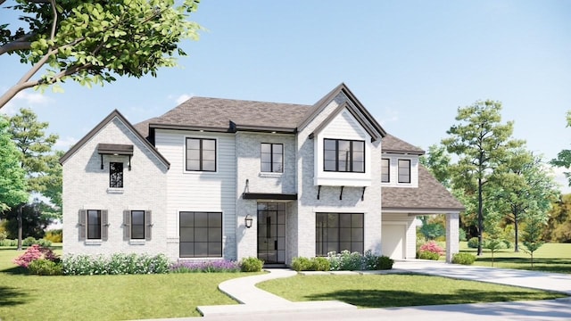 13915 Queensbury Ln, Houston, TX 77079 - view of front facade with a front lawn, concrete driveway, roof with shingles, and brick siding