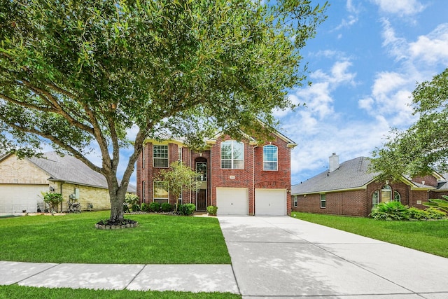2508 Sun Glen Dr, Pearland, TX 77584 - traditional home with brick siding, an attached garage, driveway, and a front lawn