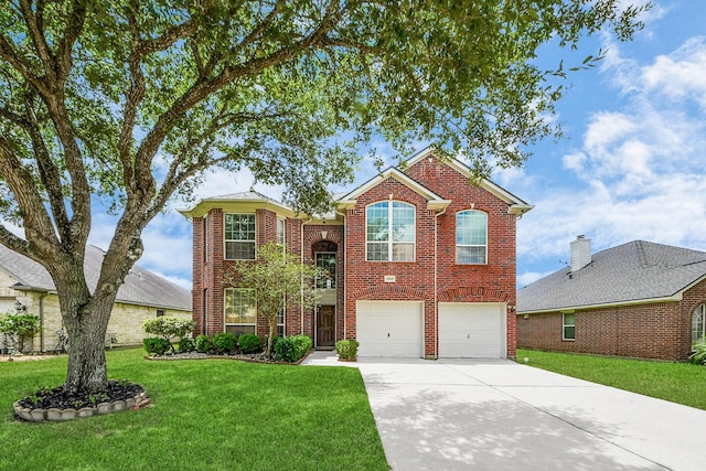 2508 Sun Glen Dr, Pearland, TX 77584 - traditional-style home with driveway, a garage, brick siding, and a front lawn
