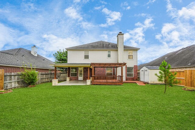 2508 Sun Glen Dr, Pearland, TX 77584 - rear view of house featuring a shed, a fenced backyard, a pergola, a patio area, and brick siding
