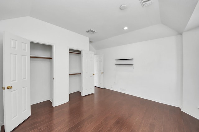 2508 Sun Glen Dr, Pearland, TX 77584 - unfurnished bedroom with vaulted ceiling, wood finished floors, two closets, and recessed lighting