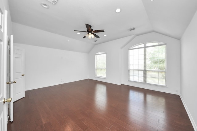 2508 Sun Glen Dr, Pearland, TX 77584 - spare room with vaulted ceiling, a ceiling fan, and dark wood finished floors