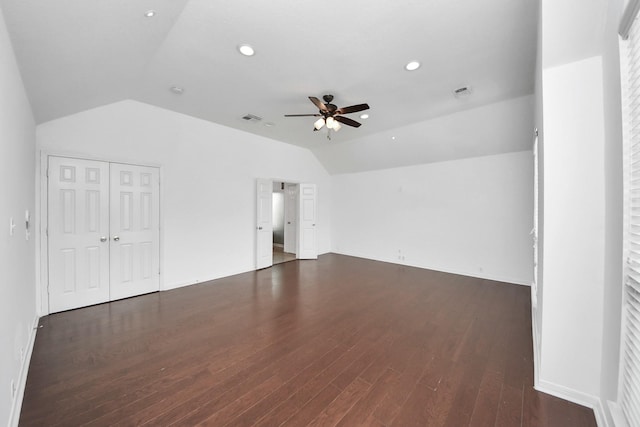 2508 Sun Glen Dr, Pearland, TX 77584 - unfurnished living room featuring vaulted ceiling, ceiling fan, dark wood-type flooring, and recessed lighting