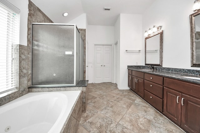 2508 Sun Glen Dr, Pearland, TX 77584 - full bath with a jetted tub, double vanity, and a shower stall