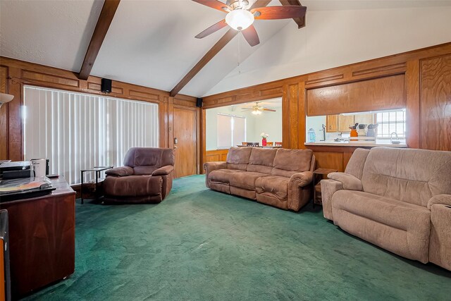 327 Edgeton Ct, Houston, TX 77015 - living area with ceiling fan, wooden walls, and carpet