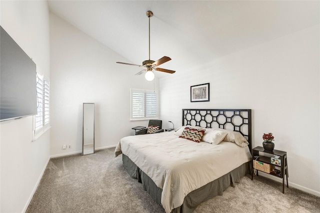 1572 Prairie Grove Dr, Houston, TX 77077 - carpeted bedroom featuring multiple windows, high vaulted ceiling, and a ceiling fan