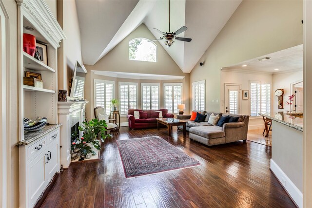 12042 Bolero Point Ln, Houston, TX 77041 - living area featuring ceiling fan, a fireplace, plenty of natural light, dark wood-style floors, and high vaulted ceiling