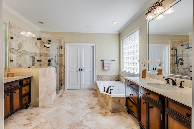 12042 Bolero Point Ln, Houston, TX 77041 - full bathroom with vanity, a garden tub, a shower stall, and crown molding