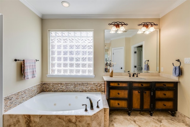 12042 Bolero Point Ln, Houston, TX 77041 - full bath featuring vanity, a tub with jets, and ornamental molding