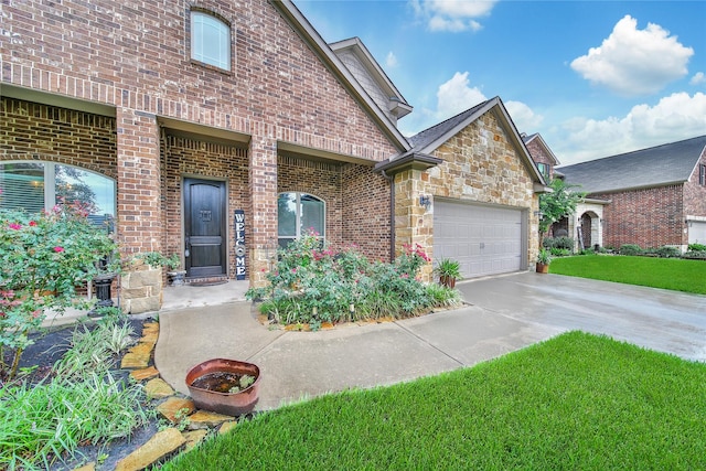 6507 Crystal Forest Trl, Katy, TX 77493 - view of front of home featuring driveway, a garage, brick siding, a front yard, and stone siding