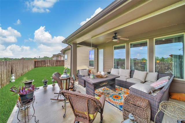 6507 Crystal Forest Trl, Katy, TX 77493 - fenced backyard with an outdoor hangout area, a ceiling fan, and a patio