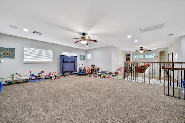 6507 Crystal Forest Trl, Katy, TX 77493 - rec room featuring a ceiling fan, carpet floors, recessed lighting, and attic access