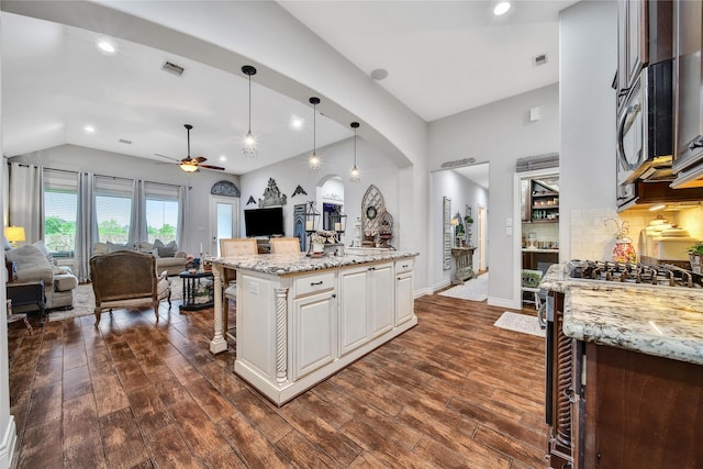 6507 Crystal Forest Trl, Katy, TX 77493 - kitchen with open floor plan, a kitchen bar, a ceiling fan, dark wood-style floors, and vaulted ceiling