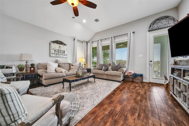 6507 Crystal Forest Trl, Katy, TX 77493 - living area with a ceiling fan, hardwood / wood-style floors, and vaulted ceiling