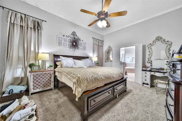 6507 Crystal Forest Trl, Katy, TX 77493 - carpeted bedroom with ornamental molding, ensuite bath, and a ceiling fan