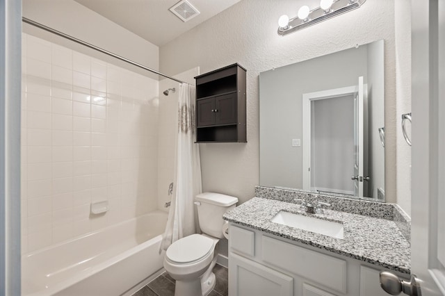 20923 Bradley Gardens Dr, Spring, TX 77379 - bathroom with shower / tub combo with curtain, vanity, and a textured wall