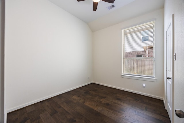20923 Bradley Gardens Dr, Spring, TX 77379 - empty room with ceiling fan, lofted ceiling, and dark wood-type flooring