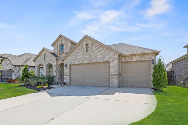 20923 Bradley Gardens Dr, Spring, TX 77379 - french provincial home with brick siding, an attached garage, concrete driveway, and a shingled roof