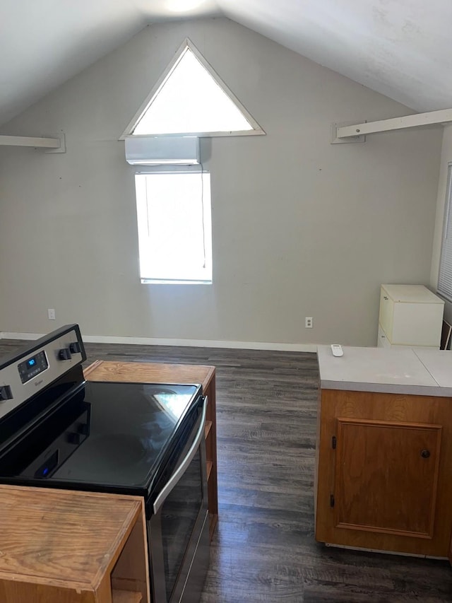 400 Carson Roberson Rd, Livingston, TX 77351 - kitchen featuring electric range, dark wood-style flooring, lofted ceiling, brown cabinetry, and light countertops