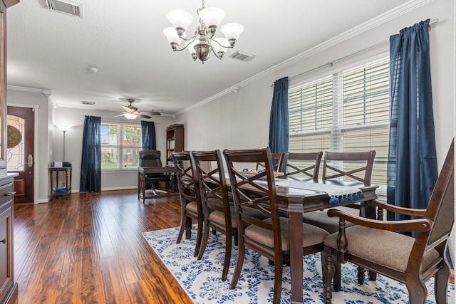 13411 Naples Bridge Rd, Sugar Land, TX 77498 - dining space with dark wood-type flooring, a chandelier, crown molding, and a ceiling fan