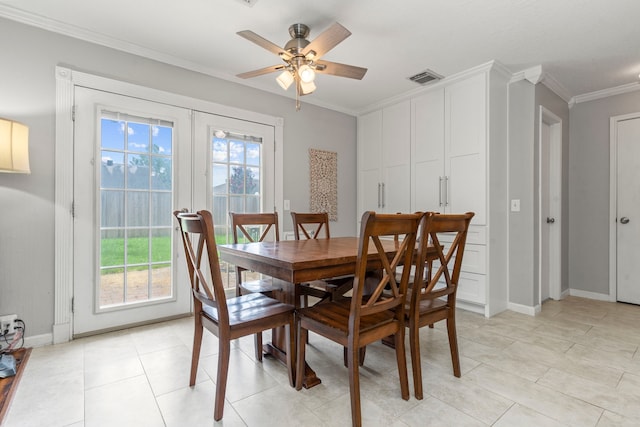 13411 Naples Bridge Rd, Sugar Land, TX 77498 - dining area with crown molding, ceiling fan, french doors, and light tile patterned floors