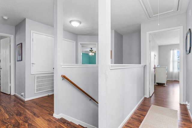 13411 Naples Bridge Rd, Sugar Land, TX 77498 - hallway with an upstairs landing, attic access, and wood finished floors