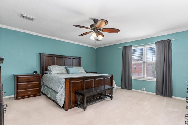 13411 Naples Bridge Rd, Sugar Land, TX 77498 - bedroom featuring crown molding, light carpet, and a ceiling fan