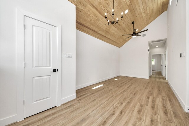 3453 Mainer St, Houston, TX 77021 - unfurnished living room with wooden ceiling, light wood-type flooring, a ceiling fan, a chandelier, and high vaulted ceiling