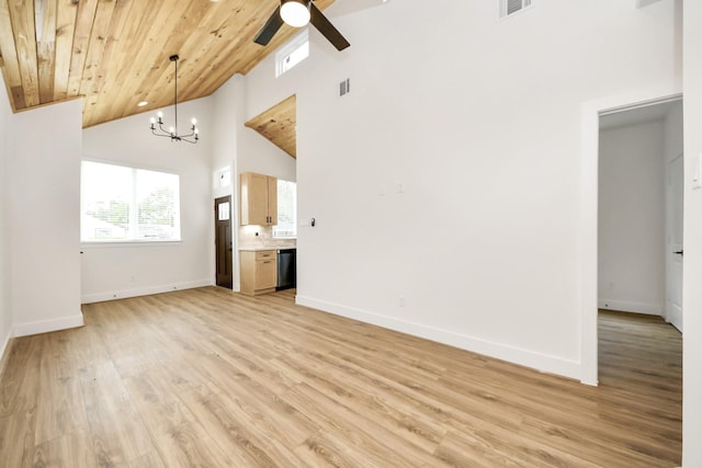 3453 Mainer St, Houston, TX 77021 - unfurnished living room featuring high vaulted ceiling, a chandelier, light wood finished floors, a ceiling fan, and wood ceiling