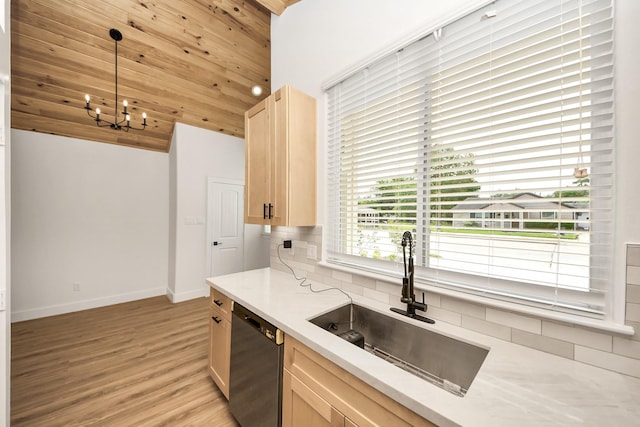 3453 Mainer St, Houston, TX 77021 - kitchen with dishwashing machine, decorative backsplash, light wood-type flooring, vaulted ceiling, and a chandelier