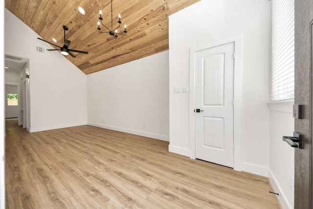 3453 Mainer St, Houston, TX 77021 - unfurnished room featuring vaulted ceiling, wooden ceiling, a ceiling fan, light wood-style flooring, and a chandelier