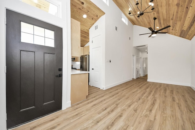 3453 Mainer St, Houston, TX 77021 - entryway with wood ceiling, high vaulted ceiling, a chandelier, light wood finished floors, and ceiling fan
