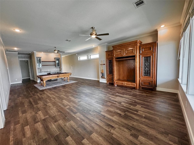14912 Diamondhead Rd, Conroe, TX 77356 - unfurnished living room featuring billiards, a ceiling fan, crown molding, dark wood-style flooring, and recessed lighting