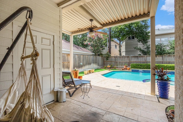 4925 Pine St, Bellaire, TX 77401 - view of pool featuring a fenced backyard, ceiling fan, and a patio area