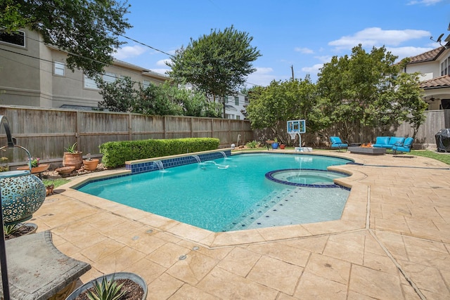 4925 Pine St, Bellaire, TX 77401 - view of pool with a patio, a fenced backyard, an outdoor living space, and a pool with connected hot tub