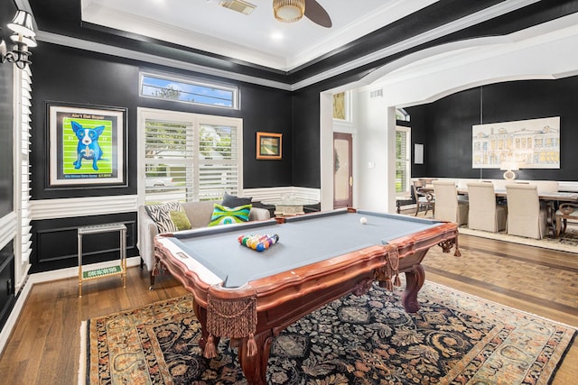 4925 Pine St, Bellaire, TX 77401 - rec room with wood finished floors, ornamental molding, plenty of natural light, billiards table, and a ceiling fan